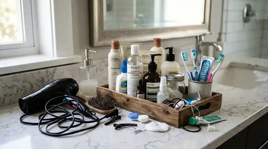 bathroom counter cluttered