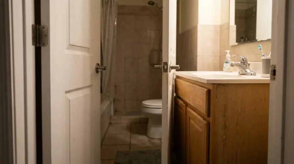 cramped bathroom door hitting
