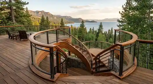 deck with curved wooden stairs