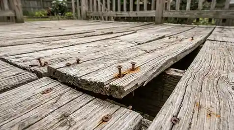 poorly constructed wooden deck
