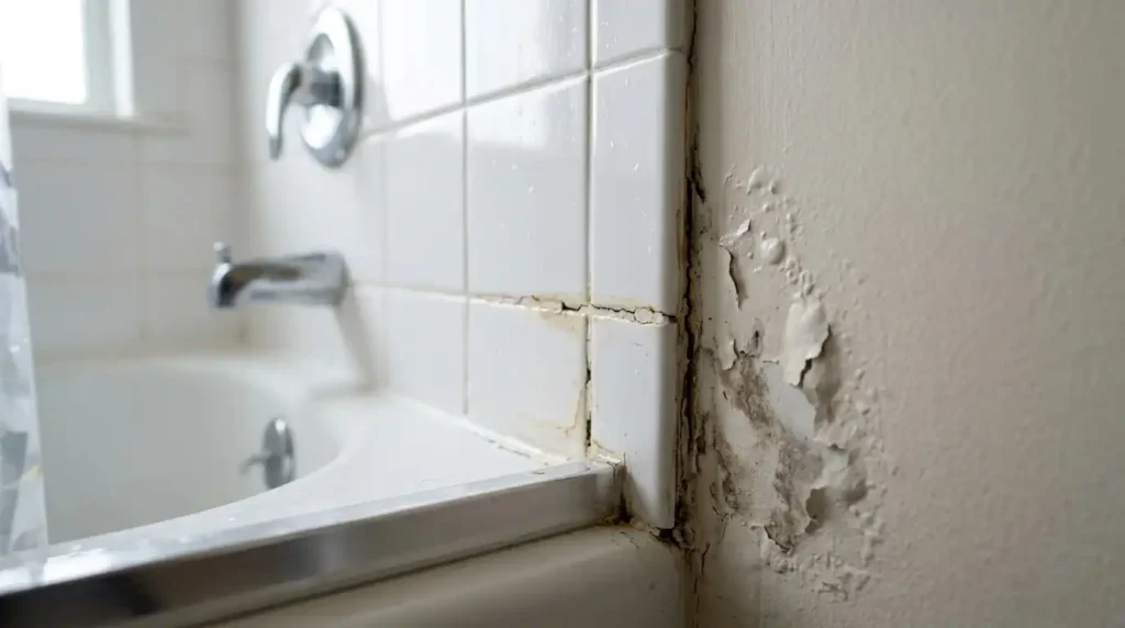 water damage near bathtub trim