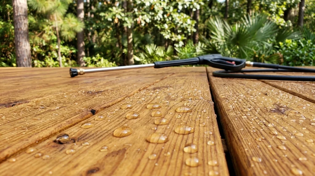 Water droplets on wooden deck