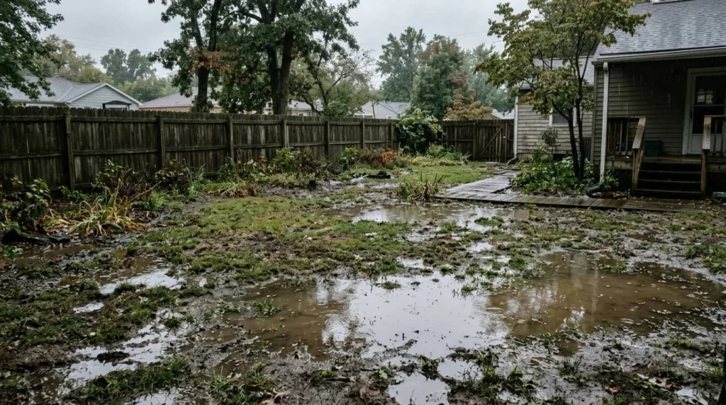 stagnant puddles on muddy lawn
