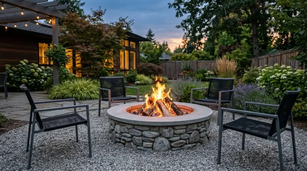stone fire pit in backyard