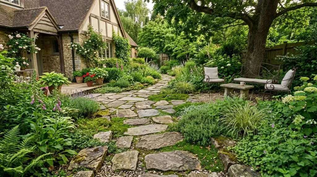 stone path through backyard