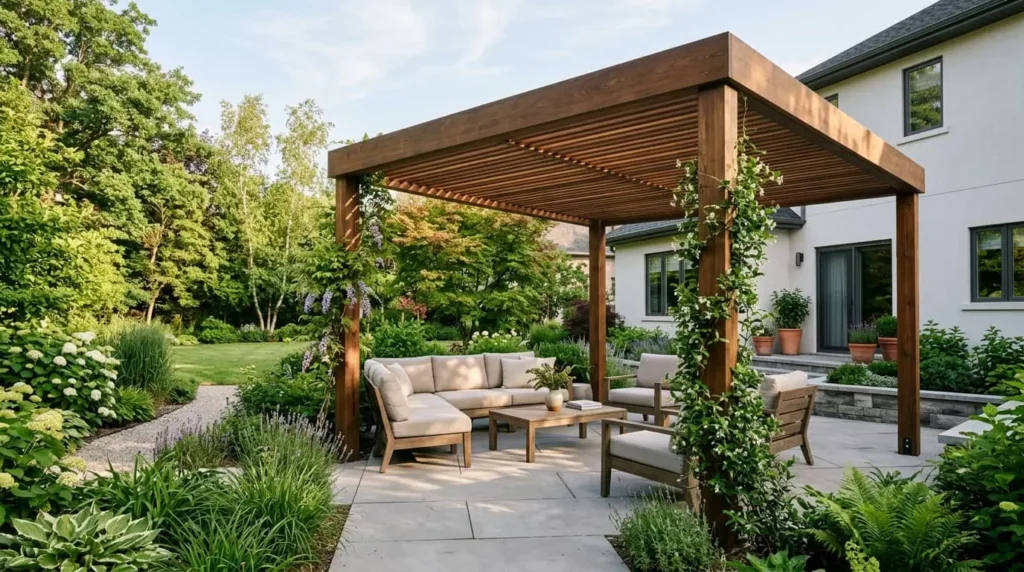 wooden pergola over patio
