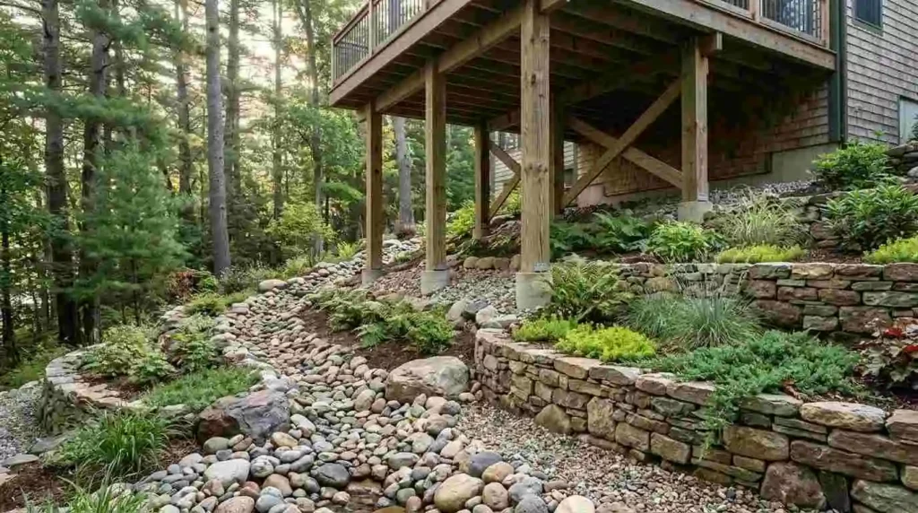 graded hillside with stone drainage