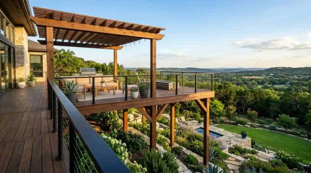 hillside deck with pergola