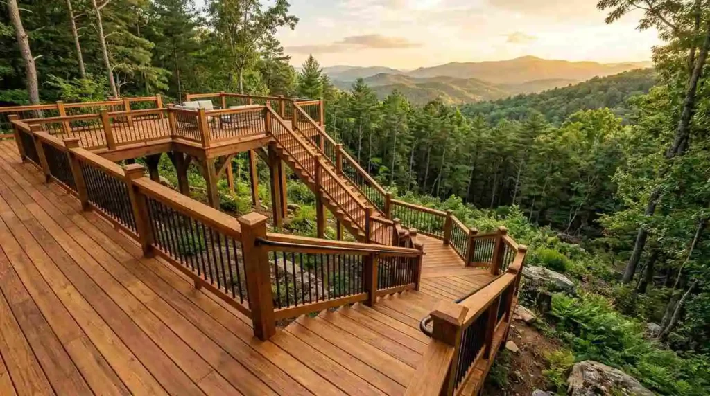 multi-level wooden deck on hillside