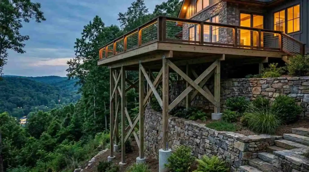 wooden deck on hillside slope