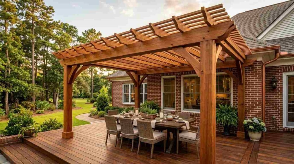 wooden pergola covering dining area